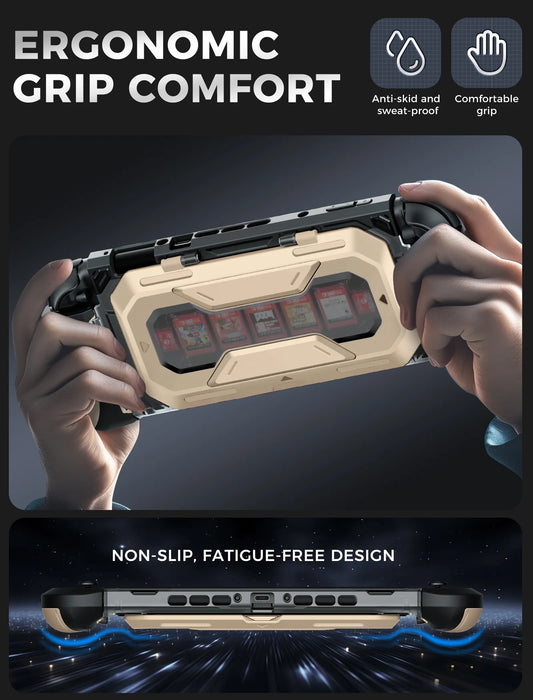 Hands holding the Mumba Titan case for Nintendo Switch 2 in Desert beige, with a rear view and grip profile detail.
