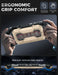 Hands holding the Mumba Titan case for Nintendo Switch 2 in Desert beige, with a rear view and grip profile detail.
