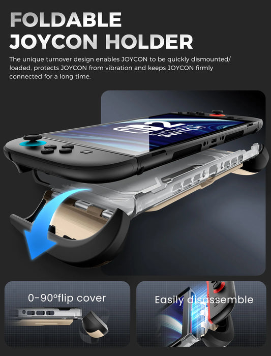 Mumba Titan case for Nintendo Switch 2 in Desert beige with a fold-down Joy-Con holder and diagrams showing controller removal.