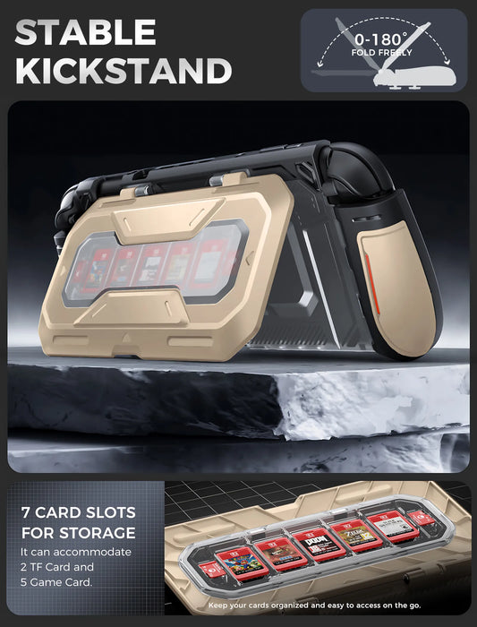 Mumba Titan case for Nintendo Switch 2 in Desert beige propped on its card-holder kickstand, with an inset showing five game card slots and two TF card slots.