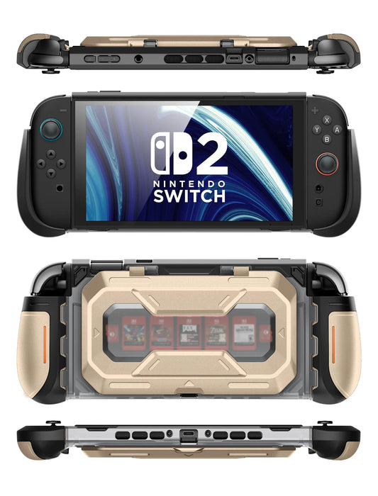 Front, rear, top and bottom views of the Mumba Titan case for Nintendo Switch 2 in Desert beige, showing its rear card holder and port openings.