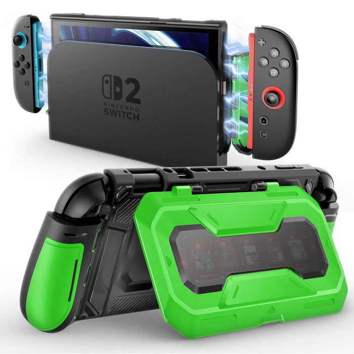 Mumba Titan case for Nintendo Switch 2 in bright green, shown with the console in a dock and the rear card-holder stand open.