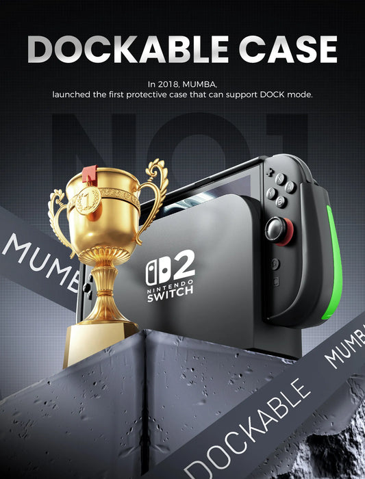 Docking infographic showing the Mumba Titan case for Nintendo Switch 2 in bright green on a console in its dock beside a trophy graphic.