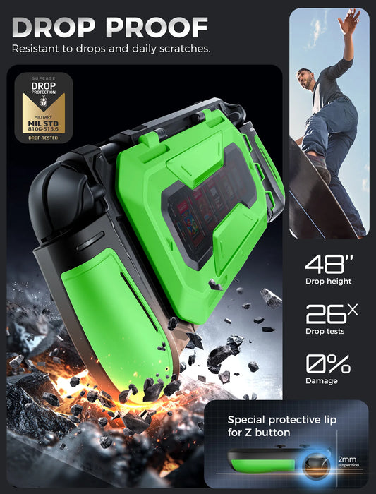 Drop-protection illustration of the Mumba Titan case for Nintendo Switch 2 in bright green, with a close-up of the raised Z-button edge.