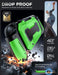 Drop-protection illustration of the Mumba Titan case for Nintendo Switch 2 in bright green, with a close-up of the raised Z-button edge.