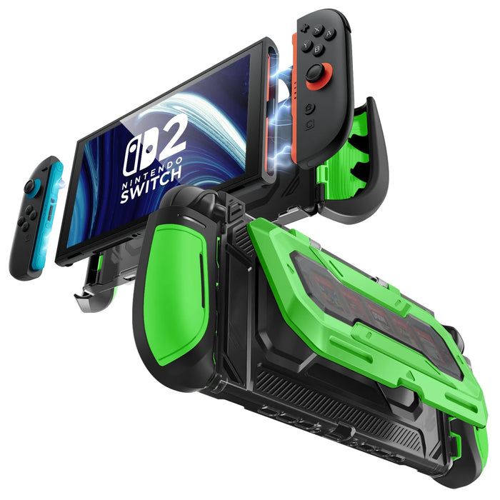 Front and rear views of the Mumba Titan case for Nintendo Switch 2 in bright green, showing Joy-Con removal and the rear card holder.