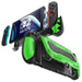 Front and rear views of the Mumba Titan case for Nintendo Switch 2 in bright green, showing Joy-Con removal and the rear card holder.