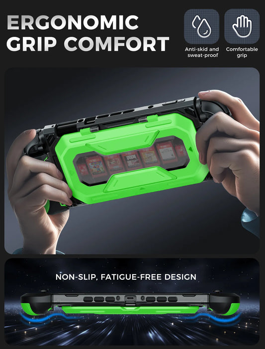Hands holding the Mumba Titan case for Nintendo Switch 2 in bright green, with a rear view and grip profile detail.