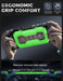 Hands holding the Mumba Titan case for Nintendo Switch 2 in bright green, with a rear view and grip profile detail.