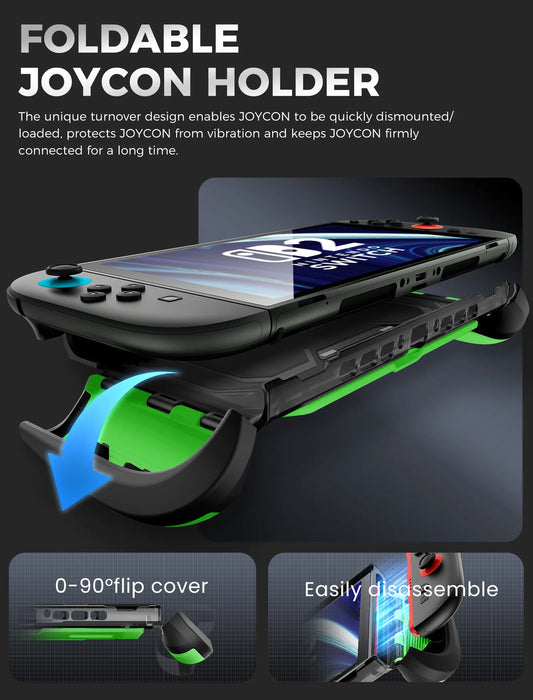 Mumba Titan case for Nintendo Switch 2 in bright green with a fold-down Joy-Con holder and diagrams showing controller removal.