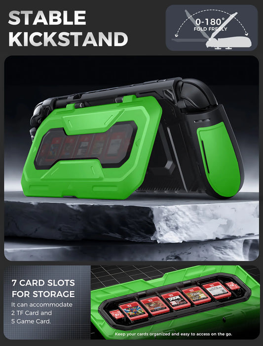 Mumba Titan case for Nintendo Switch 2 in bright green propped on its card-holder kickstand, with an inset showing five game card slots and two TF card slots.