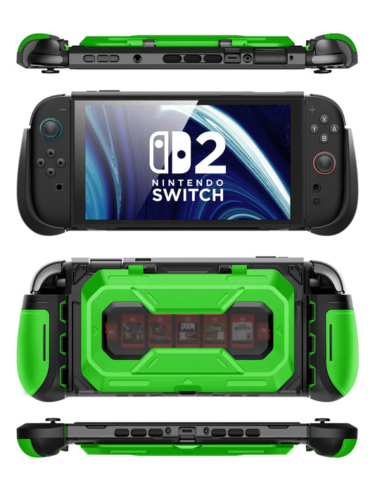 Front, rear, top and bottom views of the Mumba Titan case for Nintendo Switch 2 in bright green, showing its rear card holder and port openings.