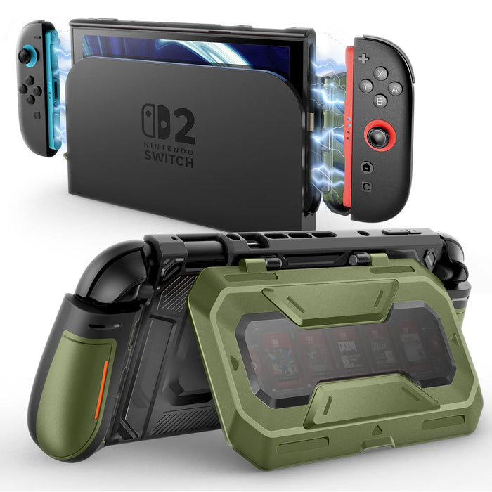 Mumba Titan case for Nintendo Switch 2 in Guldan olive green, shown with the console in a dock and the rear card-holder stand open.