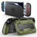 Mumba Titan case for Nintendo Switch 2 in Guldan olive green, shown with the console in a dock and the rear card-holder stand open.