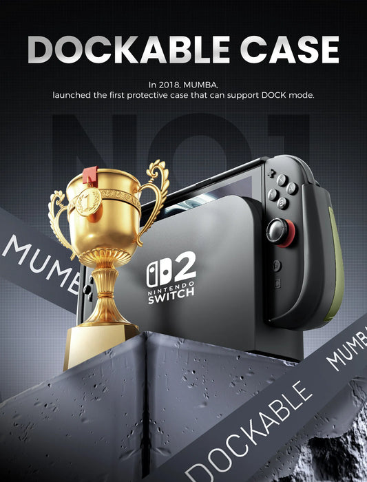 Docking infographic showing the Mumba Titan case for Nintendo Switch 2 in Guldan olive green on a console in its dock beside a trophy graphic.