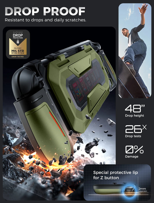 Drop-protection illustration of the Mumba Titan case for Nintendo Switch 2 in Guldan olive green, with a close-up of the raised Z-button edge.
