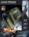 Drop-protection illustration of the Mumba Titan case for Nintendo Switch 2 in Guldan olive green, with a close-up of the raised Z-button edge.