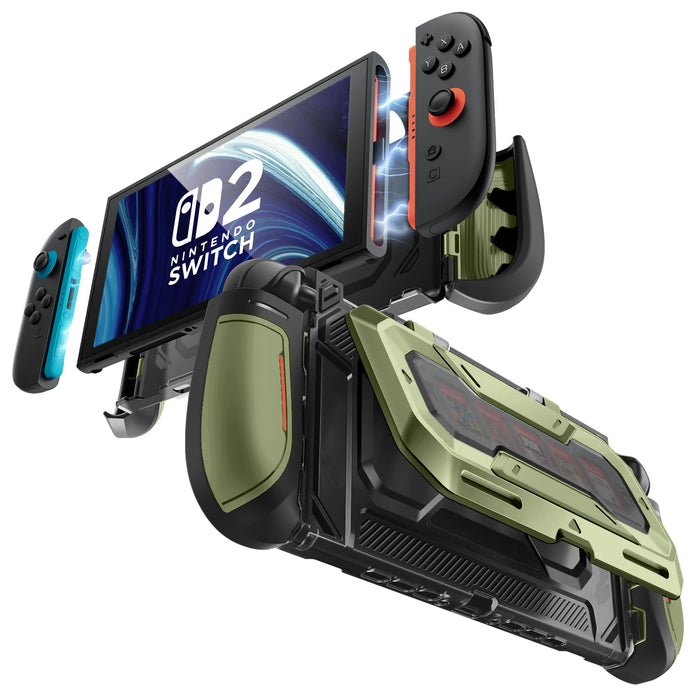 Front and rear views of the Mumba Titan case for Nintendo Switch 2 in Guldan olive green, showing Joy-Con removal and the rear card holder.
