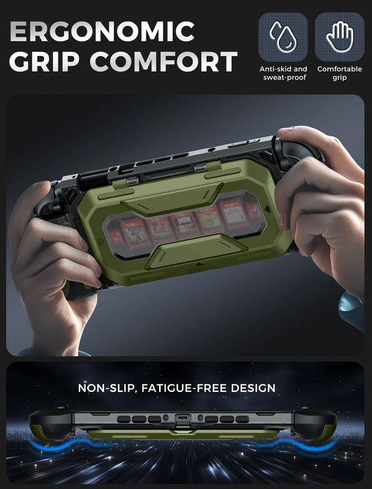 Hands holding the Mumba Titan case for Nintendo Switch 2 in Guldan olive green, with a rear view and grip profile detail.