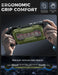 Hands holding the Mumba Titan case for Nintendo Switch 2 in Guldan olive green, with a rear view and grip profile detail.