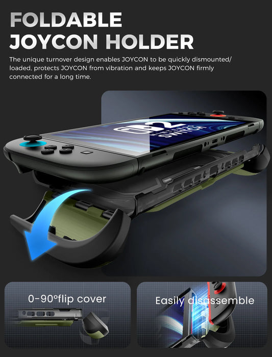 Mumba Titan case for Nintendo Switch 2 in Guldan olive green with a fold-down Joy-Con holder and diagrams showing controller removal.