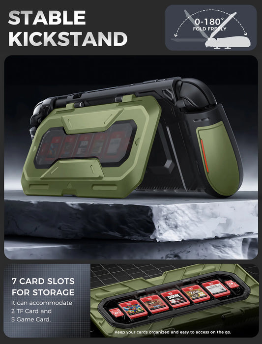 Mumba Titan case for Nintendo Switch 2 in Guldan olive green propped on its card-holder kickstand, with an inset showing five game card slots and two TF card slots.