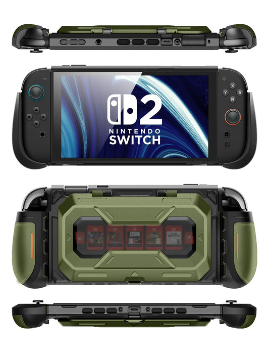 Front, rear, top and bottom views of the Mumba Titan case for Nintendo Switch 2 in Guldan olive green, showing its rear card holder and port openings.