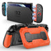 Mumba Titan case for Nintendo Switch 2 in orange, shown with the console in a dock and the rear card-holder stand open.