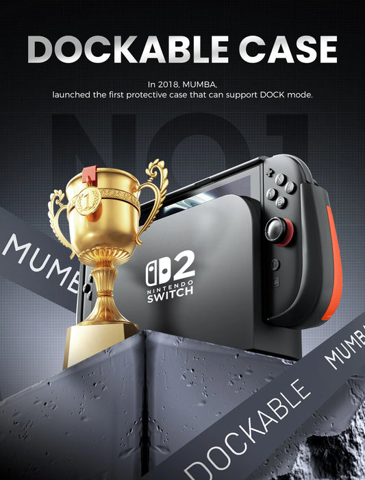Docking infographic showing the Mumba Titan case for Nintendo Switch 2 in orange on a console in its dock beside a trophy graphic.