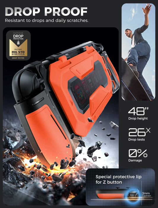 Drop-protection illustration of the Mumba Titan case for Nintendo Switch 2 in orange, with a close-up of the raised Z-button edge.