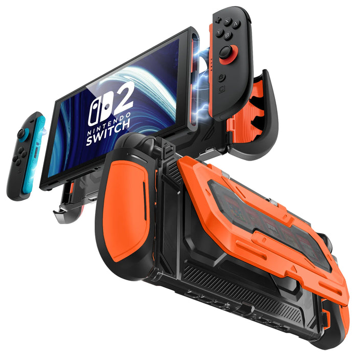 Front and rear views of the Mumba Titan case for Nintendo Switch 2 in orange, showing Joy-Con removal and the rear card holder.