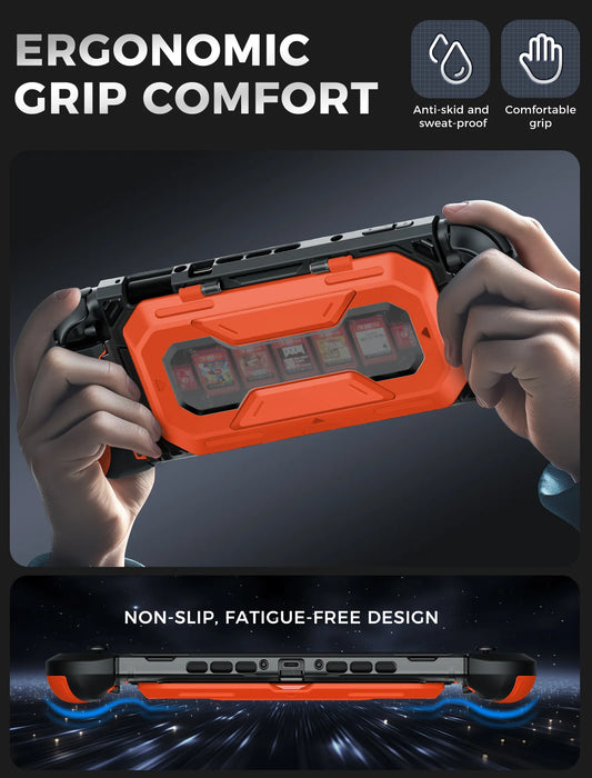 Hands holding the Mumba Titan case for Nintendo Switch 2 in orange, with a rear view and grip profile detail.