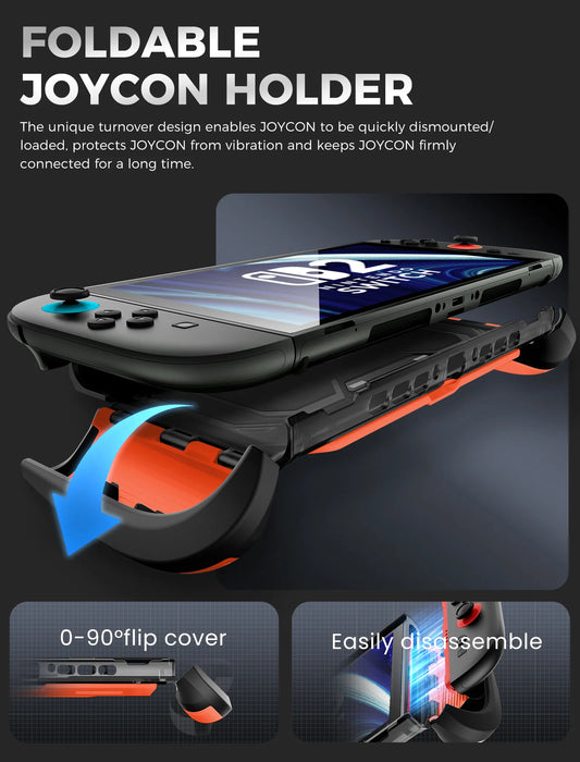 Mumba Titan case for Nintendo Switch 2 in orange with a fold-down Joy-Con holder and diagrams showing controller removal.
