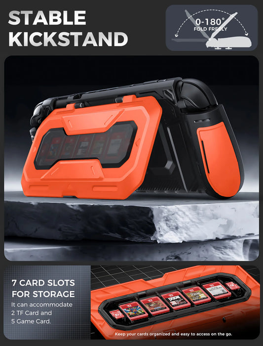 Mumba Titan case for Nintendo Switch 2 in orange propped on its card-holder kickstand, with an inset showing five game card slots and two TF card slots.