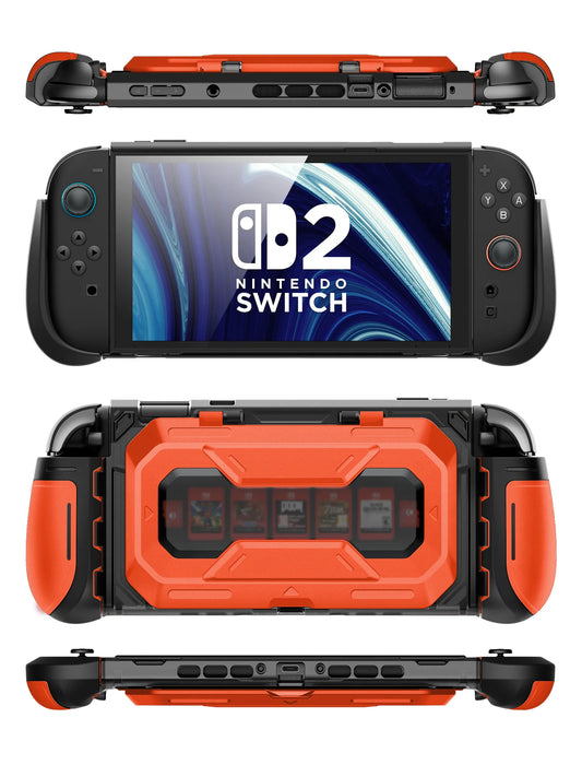 Front, rear, top and bottom views of the Mumba Titan case for Nintendo Switch 2 in orange, showing its rear card holder and port openings.