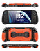 Front, rear, top and bottom views of the Mumba Titan case for Nintendo Switch 2 in orange, showing its rear card holder and port openings.