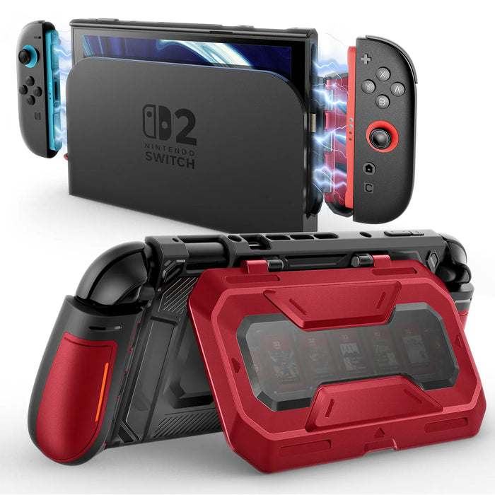 Mumba Titan case for Nintendo Switch 2 in Ruddy red, shown with the console in a dock and the rear card-holder stand open.