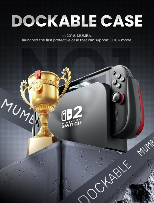 Docking infographic showing the Mumba Titan case for Nintendo Switch 2 in Ruddy red on a console in its dock beside a trophy graphic.