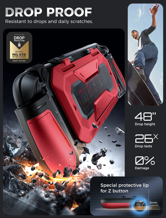 Drop-protection illustration of the Mumba Titan case for Nintendo Switch 2 in Ruddy red, with a close-up of the raised Z-button edge.