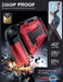 Drop-protection illustration of the Mumba Titan case for Nintendo Switch 2 in Ruddy red, with a close-up of the raised Z-button edge.