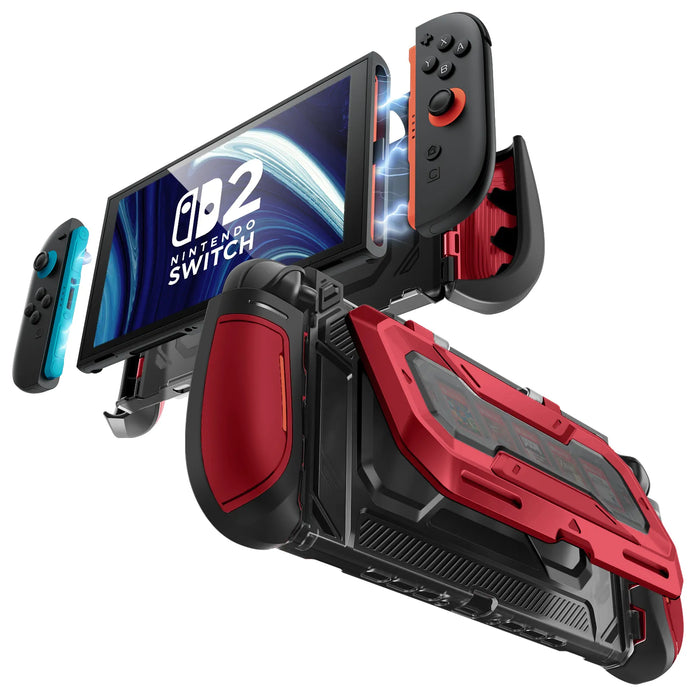 Front and rear views of the Mumba Titan case for Nintendo Switch 2 in Ruddy red, showing Joy-Con removal and the rear card holder.