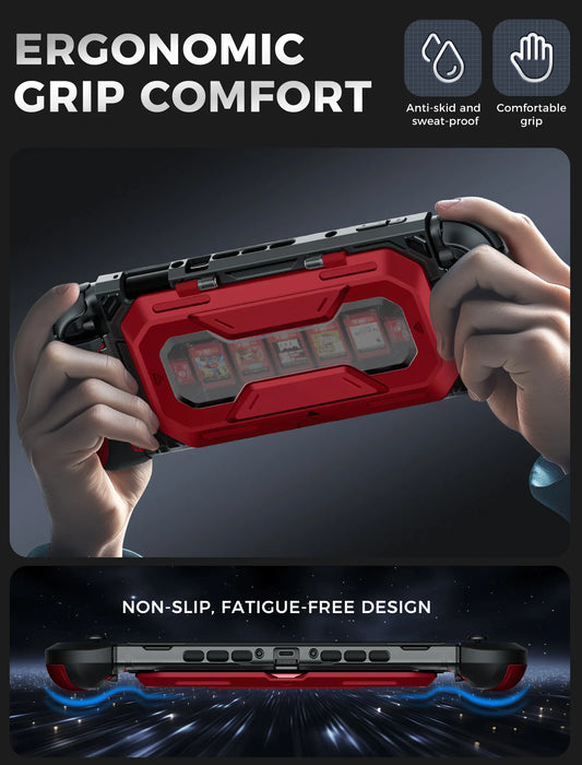 Hands holding the Mumba Titan case for Nintendo Switch 2 in Ruddy red, with a rear view and grip profile detail.