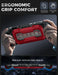 Hands holding the Mumba Titan case for Nintendo Switch 2 in Ruddy red, with a rear view and grip profile detail.