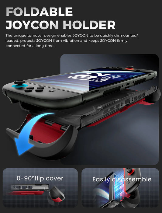 Mumba Titan case for Nintendo Switch 2 in Ruddy red with a fold-down Joy-Con holder and diagrams showing controller removal.