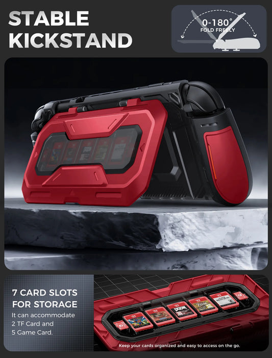 Mumba Titan case for Nintendo Switch 2 in Ruddy red propped on its card-holder kickstand, with an inset showing five game card slots and two TF card slots.