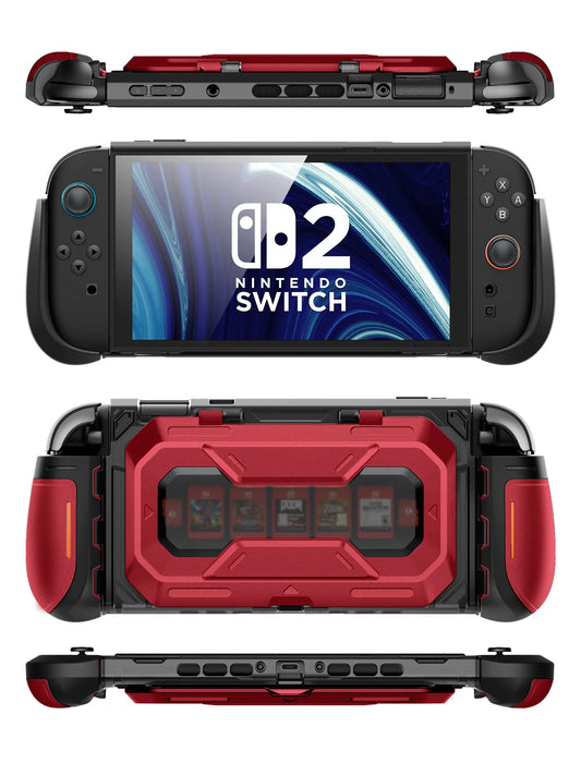 Front, rear, top and bottom views of the Mumba Titan case for Nintendo Switch 2 in Ruddy red, showing its rear card holder and port openings.
