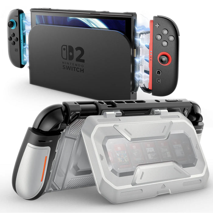 Mumba Titan case for Nintendo Switch 2 in silver, shown with the console in a dock and the rear card-holder stand open.