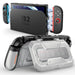 Mumba Titan case for Nintendo Switch 2 in silver, shown with the console in a dock and the rear card-holder stand open.