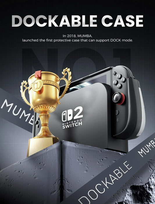 Docking infographic showing the Mumba Titan case for Nintendo Switch 2 in silver on a console in its dock beside a trophy graphic.