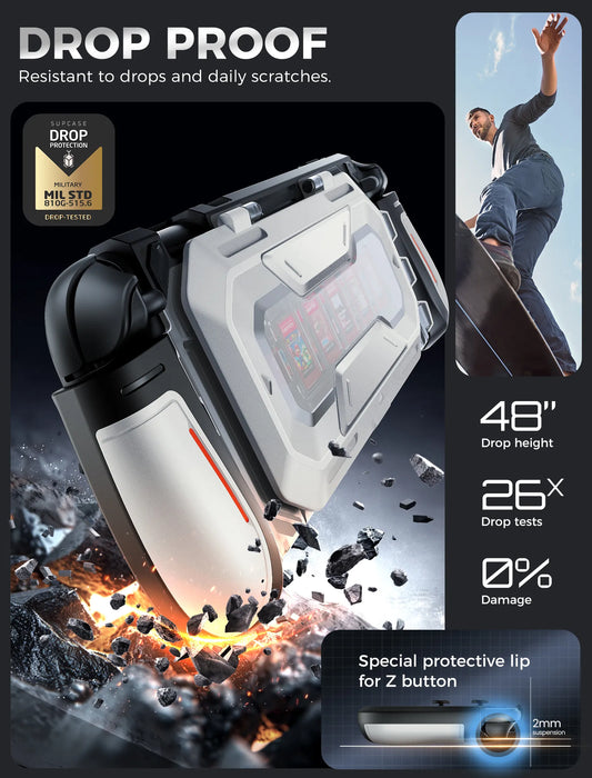 Drop-protection illustration of the Mumba Titan case for Nintendo Switch 2 in silver, with a close-up of the raised Z-button edge.